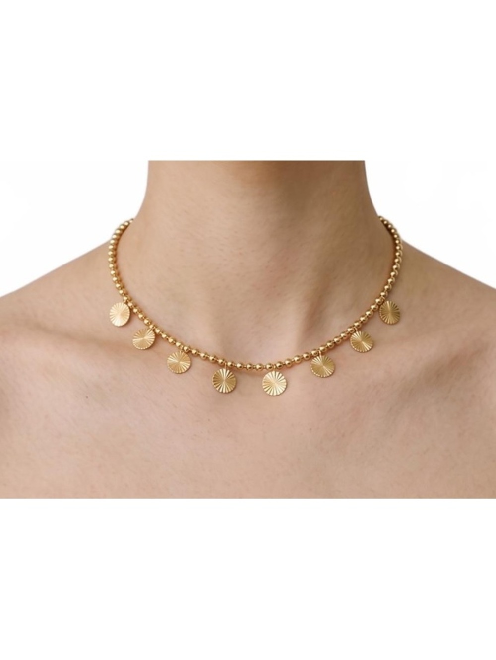 jBloom Ziya Gold Dainty Ball Chain Necklace with Engraved Sunburst Coin Charms